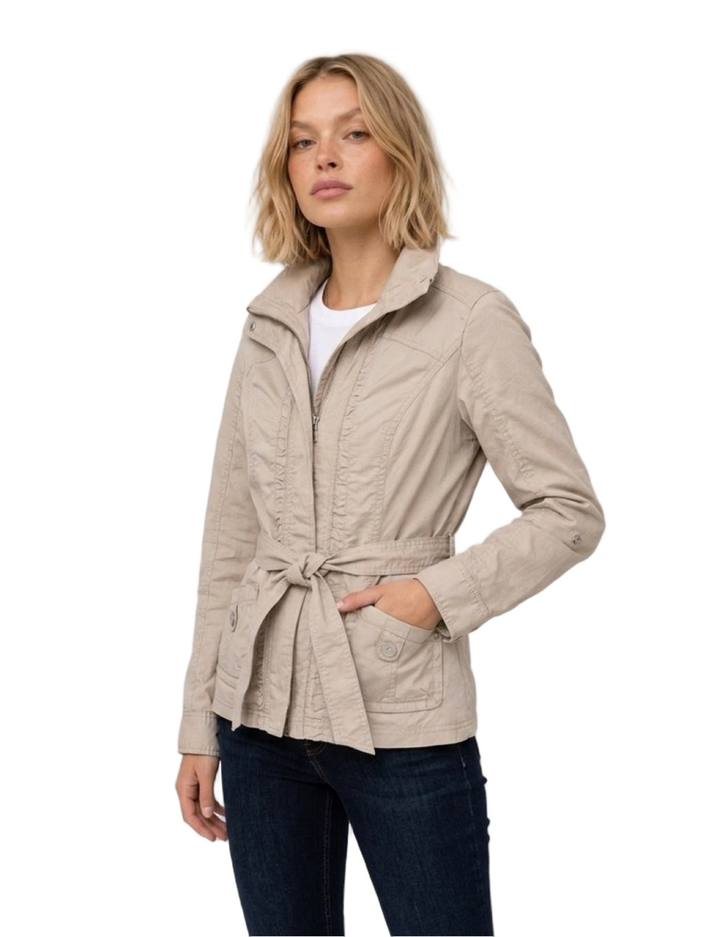 WHBM Jacket Lightweight Utility Belted Ruffles Zip Up Long Sleeve Biege Women XS